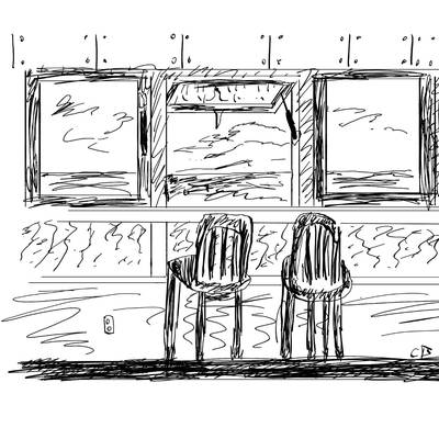 A sketch of some chairs in front of three windows with a water view.