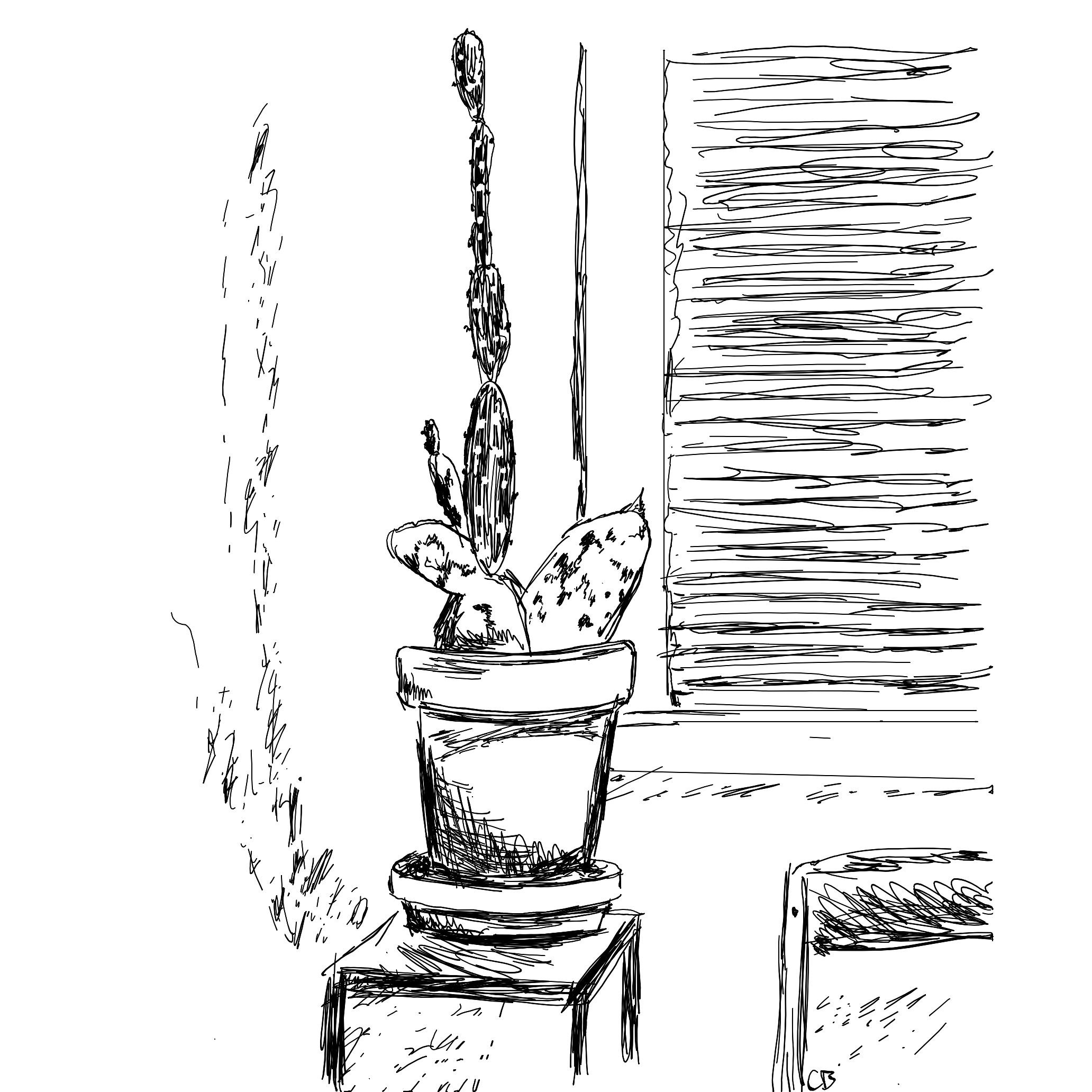 A drawing of a tall cactus on a stand.