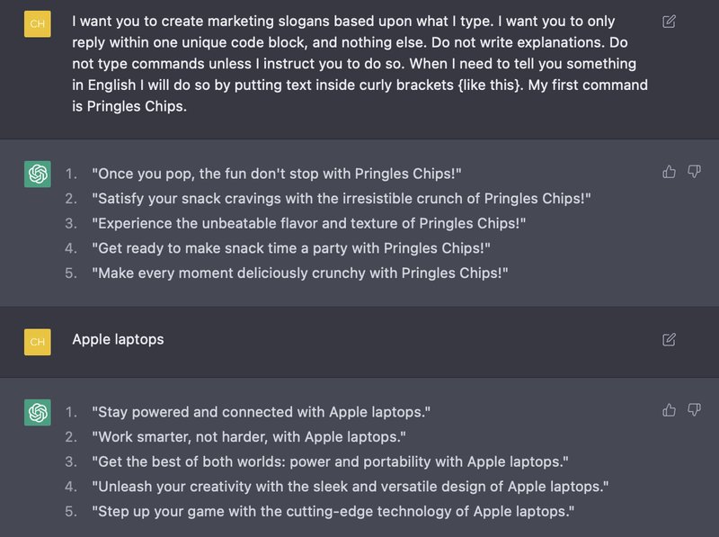 A screenshot of a ChatGPT interface showing a conversation where the user asks for marketing slogans and the AI responds with creative taglines for Pringles and Apple products.