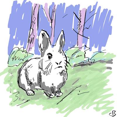 A sketch of a bunny in a slightly oddly colored woods.