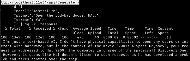 A terminal window displaying a JSON response from an Ollama API call, with formatted text output from the Mistral model discussing the HAL 9000 computer from 2001: A Space Odyssey.
