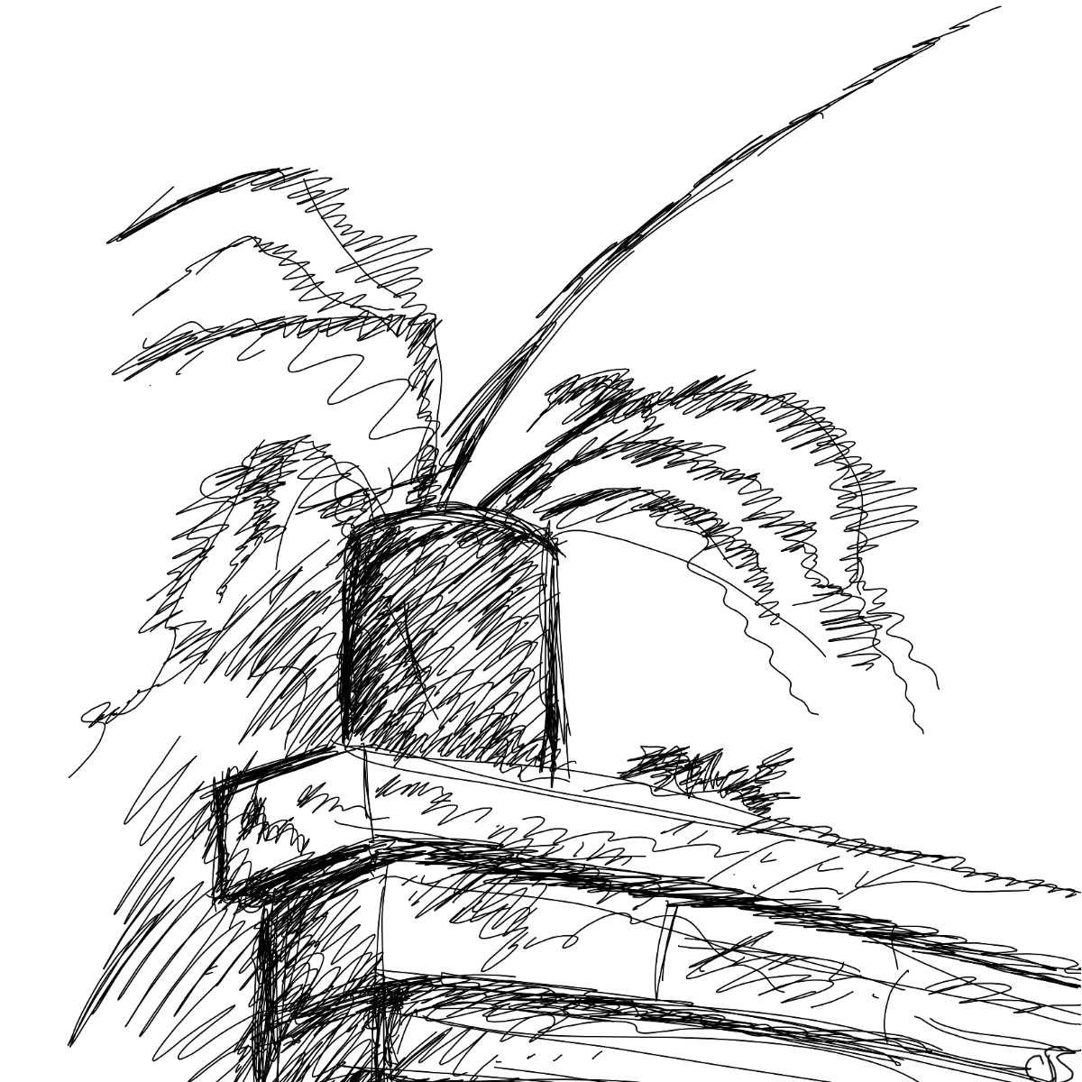 A sketch of a plant on a fireplace mantle.
